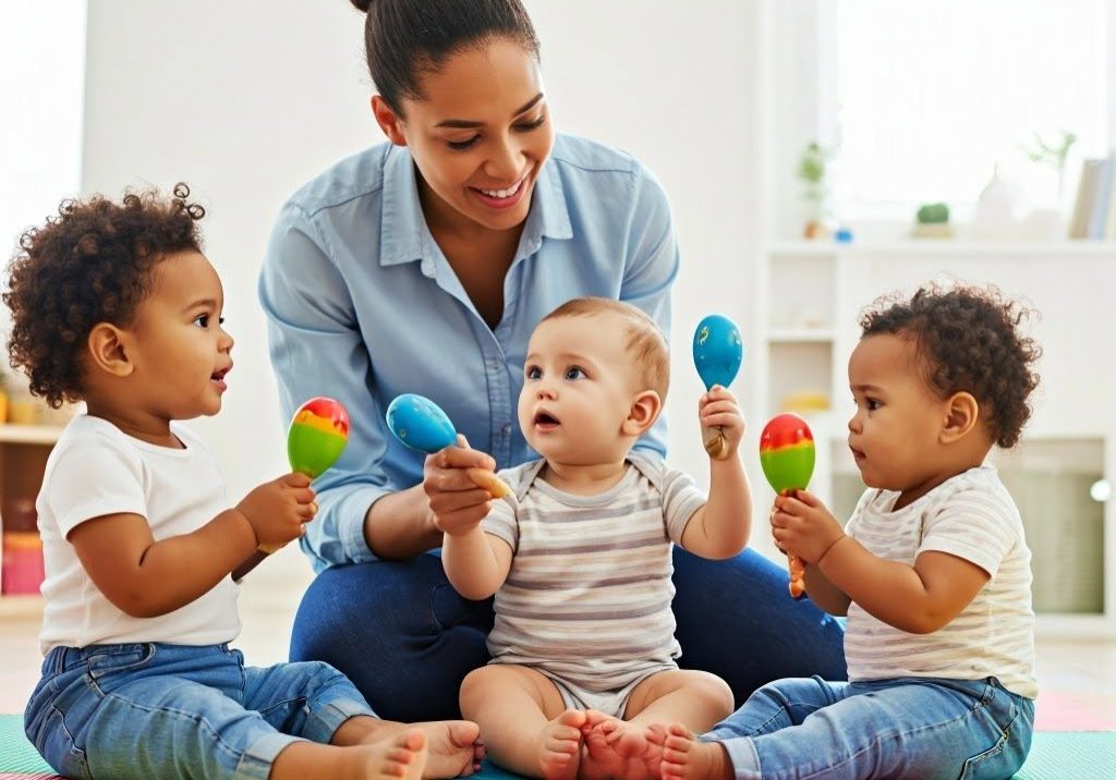 Diverse,Group,Of,3,Happy,Babies,Sitting,With,Female,Teacher